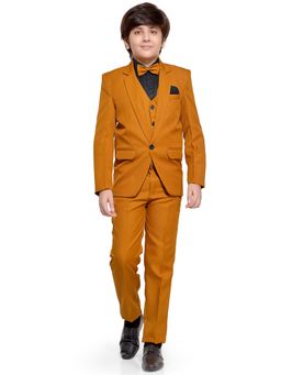Jeetethnics - Boys Mustard Coat Suit With Waistcoat Shirt And Trousers (Set of 5)