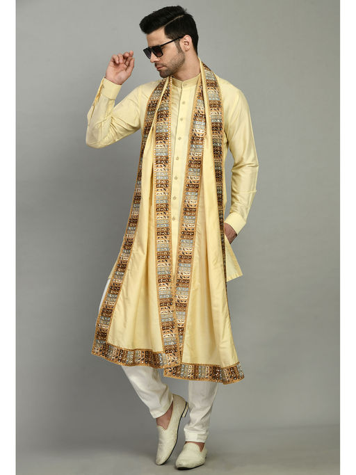 ONE MAN SHOW Men Solid Yellow Kurta & Pant with Dupatta (Set of 3)