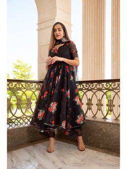 POMCHA - Red And Black Organza Anarkali (Set of 3)