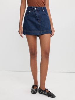 Pomelo - Asymmetrical Waistband Denim Mini Skort - Dark Blue