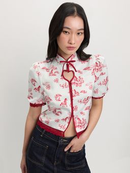 Pomelo - Graphic Print Lace Trim Blouse - Cream