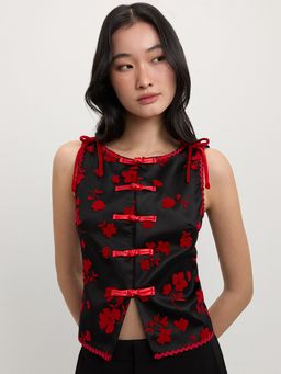 Pomelo - Floral Knot Buttons Top - Black