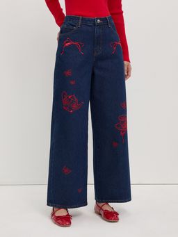 Pomelo - Embroidered Wide-Leg Jeans - Blue