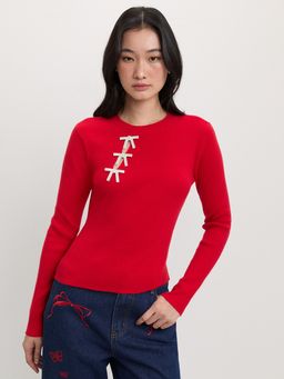 Pomelo - Crystal Bow Knit Top - Red
