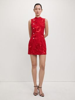 Pomelo - Crystal Buttons Lace Mini Dress - Red