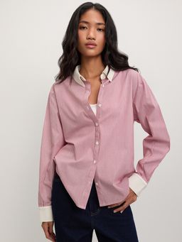 Pomelo - Contrast Trim Striped Button-Up - Red