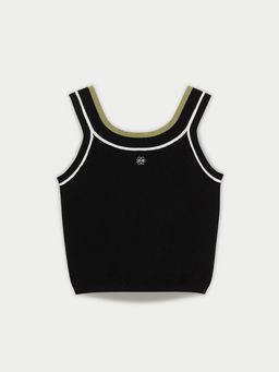 Pomelo - Contrast Trim Ribbed Tank Top - Black
