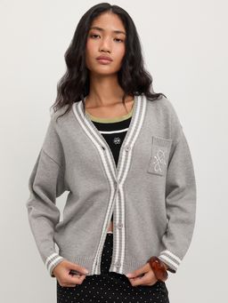 Pomelo - Oversized Stripe Trim Cardigan - Light Grey