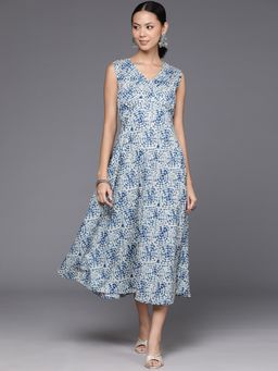 Varanga - Women Blue Shibori Printed A-Line Midi Dress