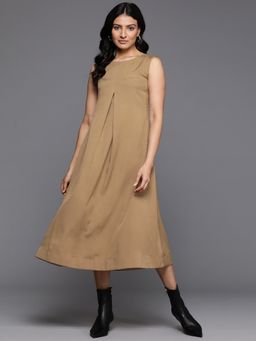Varanga - Women Brown Round Neck Sleeveless A-Line Midi Dress