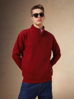 Dennis Lingo - Men Maroon Solid High Neck Full Sleeves Pullover Sweatshirt