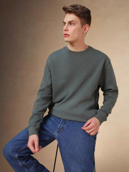 Dennis Lingo - Men Olive Solid Round Neck Full Sleeves Pullover Sweatshirt