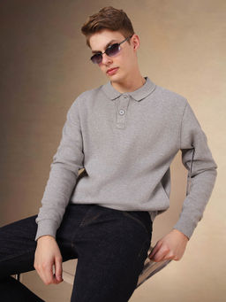 Dennis Lingo - Men Grey Solid Shirt Collar Full Sleeves Pullover Sweatshirt