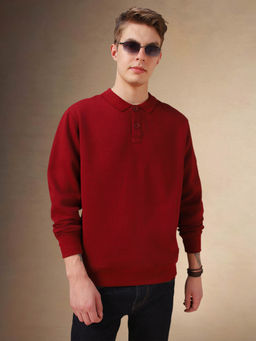 Dennis Lingo - Men Maroon Solid Shirt Collar Full Sleeves Pullover Sweatshirt