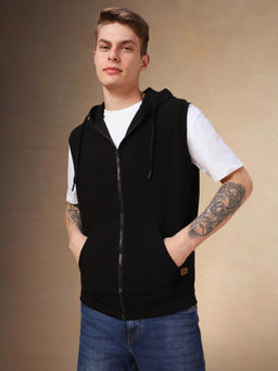 Dennis Lingo - Men Black Solid Hood Sleeveless Front-Open Sweatshirt