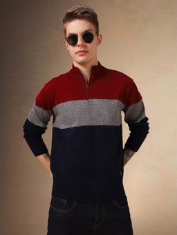 Dennis Lingo - Men Multicolor Colourblocked Mock Collar Full Sleeves Pullover Sweatshirt
