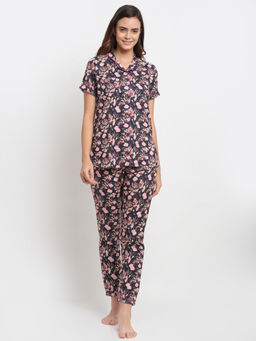 AOBA - Women Charcoal Grey & Pink Printed Printed Pyjamas Set
