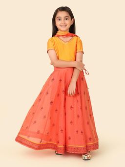 Fabindia - Coral Silk Block Printed Lehenga with Choli And Dupatta (Set of 3)