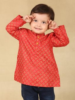 Fabindia - Red Viscose Silk Printed Long Kurta