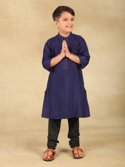 Fabindia - Navy Viscose Silk Woven Long Kurta