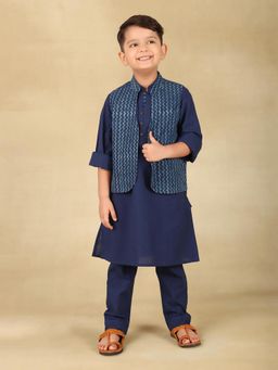 Fabindia - Indigo Dabu Printed Kurta with Pyjama And Nehru Jacket (Set of 3)