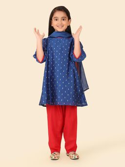 Fabindia - Navy Silk Printed Kurta with Salwar and Dupatta (Set of 3)