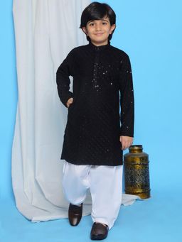 AJ Dezines - Schiffli Embroidered Kurta with Pyjama Black (Set of 2)