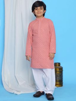 AJ Dezines - Peach Schiffli Embroidered Kurta with Pyjama For Boys (Set of 2)