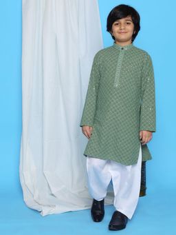 AJ Dezines - Pista Schiffli Embroidered Kurta with Pyjama For Boys (Set of 2)