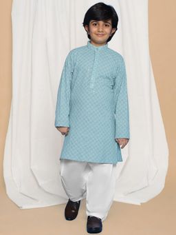 AJ Dezines - Blue Schiffli Embroidered Kurta with Pyjama For Boys (Set of 2)