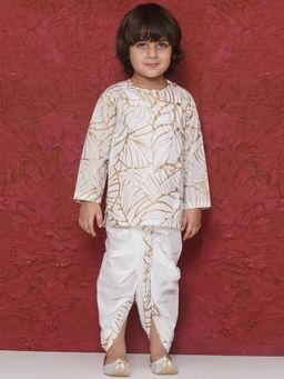 AJ Dezines - White Golden Leaves Print Kurta with Dhoti For Boys (Set of 2)