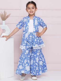 AJ Dezines - Blue Pure Half Sleeves Floral Print Top with Sharara And Blazer (Set of 3)