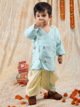 Polka Tots - Kids Flower Print Kurta with Dhoti- Blue (Set of 2)