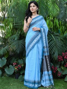 Beatitude - Blue Cotton Woven Handloom Saree with Unstitched Blouse