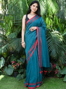 Beatitude - Blue Heart Border Motif Cotton Handloom Saree with Unstitched Blouse