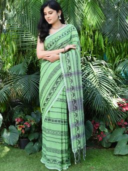 Beatitude - Green Cotton Handloom Jacquard Saree with Unstitched Blouse