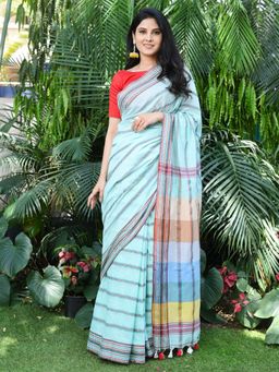 Beatitude - Turquoise Cotton Handloom Jacquard Saree with Unstitched Blouse