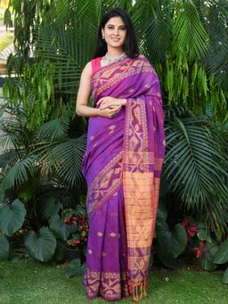 Beatitude - Purple Jamdani Border Cotton Handloom Saree with Unstitched Blouse