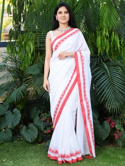Beatitude - White Heart Border Motif Cotton Handloom Saree with Unstitched Blouse