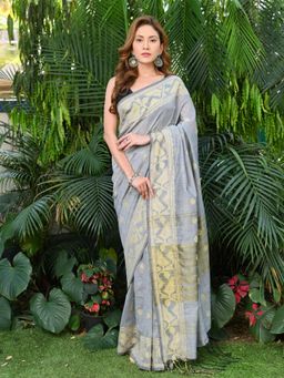 Beatitude - Grey Jamdani Border Cotton Handloom Saree with Unstitched Blouse