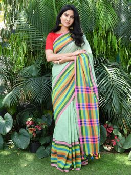 Beatitude - Green Cotton Checked Handloom Saree with Unstitched Blouse