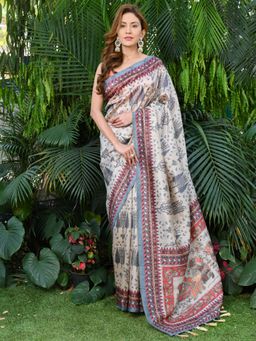 Beatitude - Multi-Color Soft Silk Printed Saree with Unstitched Blouse