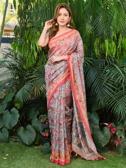 Beatitude - Grey Chanderi Cotton Printed Saree with Unstitched Blouse