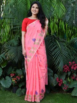 Beatitude - Pink Cotton Linen Woven Saree with Unstitched Blouse