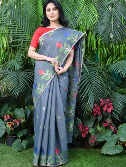 Beatitude - Grey Cotton Linen Woven Saree with Unstitched Blouse