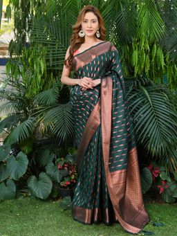 Beatitude - Green Satin Silk Woven Saree with Unstitched Blouse