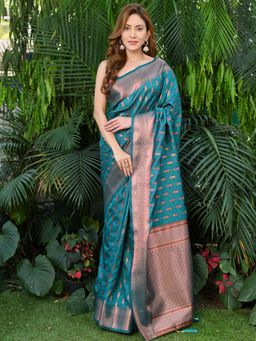 Beatitude - Teal Satin Silk Woven Saree with Unstitched Blouse