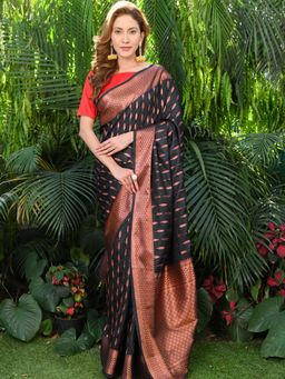 Beatitude - Black Satin Silk Woven Saree with Unstitched Blouse