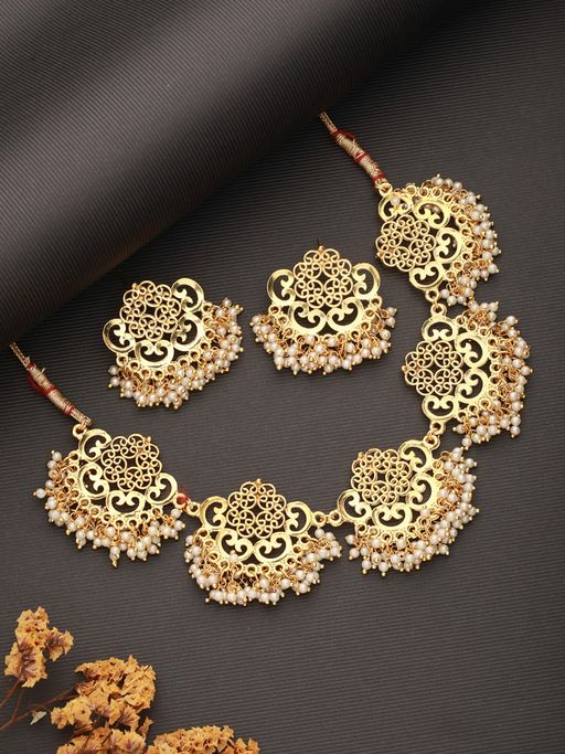 Aatmana Gold Plated Pearls Beaded & Stone Studded Jewellery Set