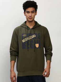 SHOWOFF - Men Hooded Typography Olive Sweatshirt